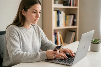 Jeune femme générant un numéro de téléphone virtuel sur smartphone et laptop dans un bureau à domicile moderne