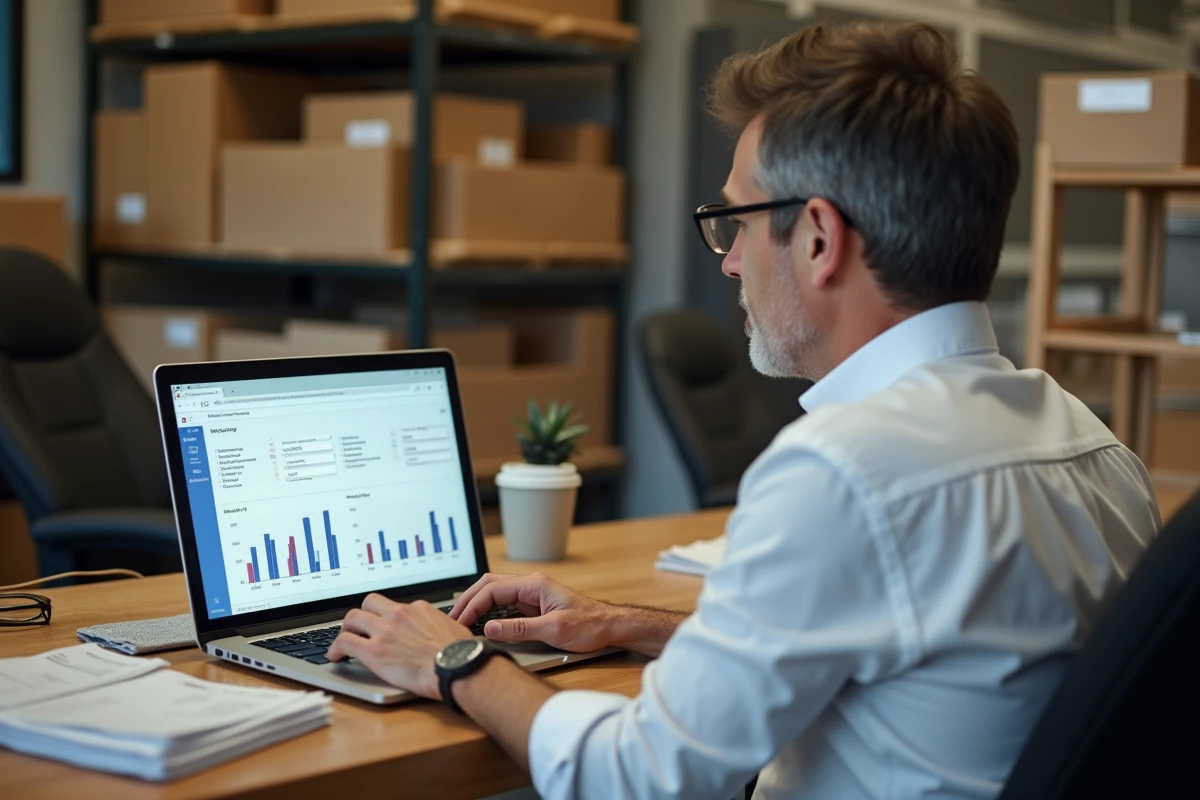 Gérant de commerce indépendant analysant ses données de vente sur un logiciel de gestion en back-office