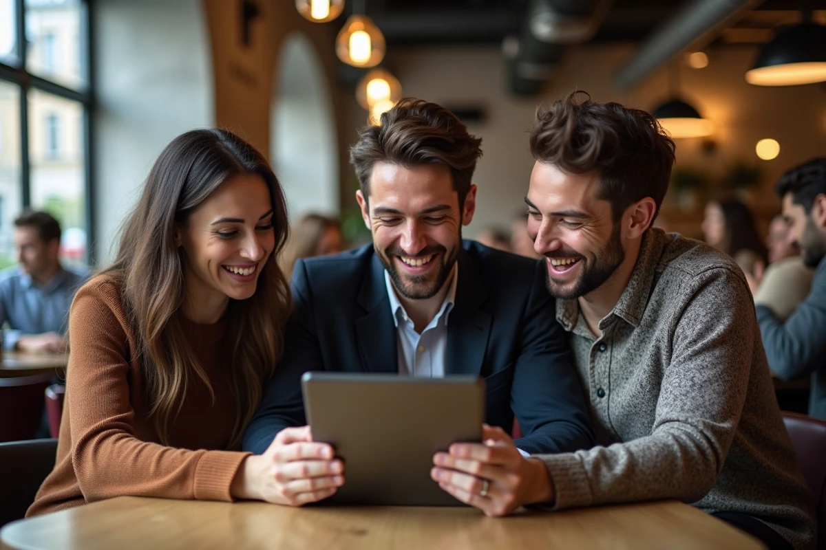 Groupe de cadres partageant un moment de détente autour d'un contenu feel good sur tablette dans un café urbain