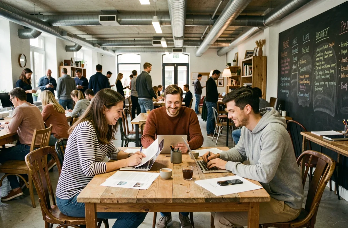 Groupe de jeunes professionnels collaborant dans un coworking économique et créatif à Caen