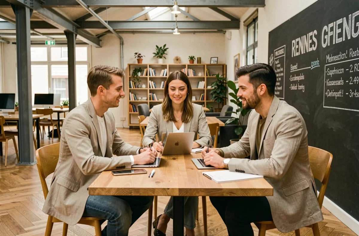 Groupe de jeunes professionnels en session de travail collaboratif dans un espace de coworking à l'ambiance industrielle à Rennes
