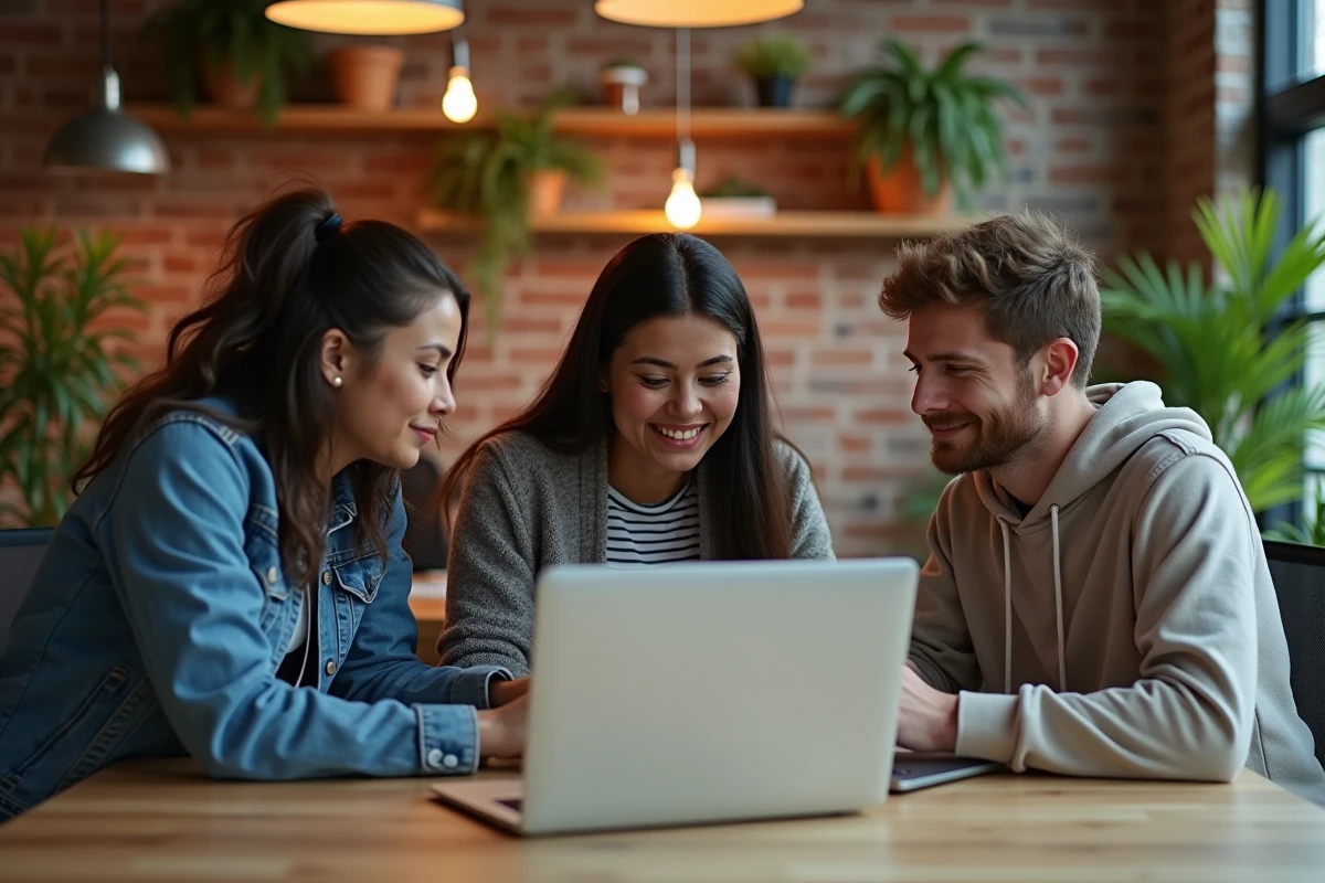 Groupe de créateurs de contenu collaborant dans un espace de co-working moderne et créatif