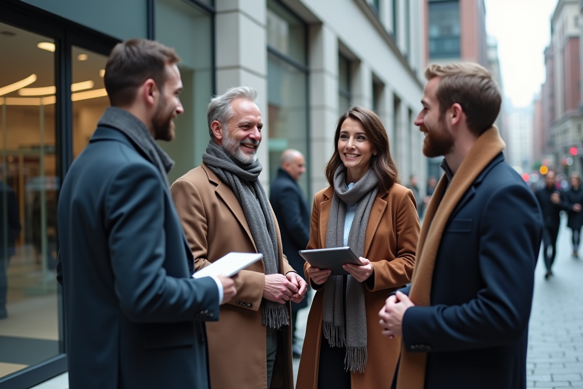 Groupe de cinq professionnels discutant devant un immeuble de bureaux