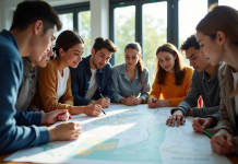 Groupe de jeunes adultes discutant d'orientation professionnelle