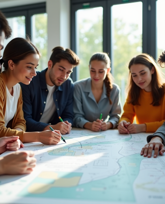 Groupe de jeunes adultes discutant d'orientation professionnelle