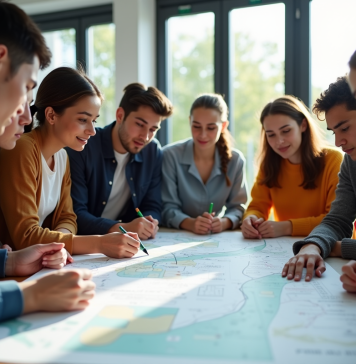 Groupe de jeunes adultes discutant d'orientation professionnelle