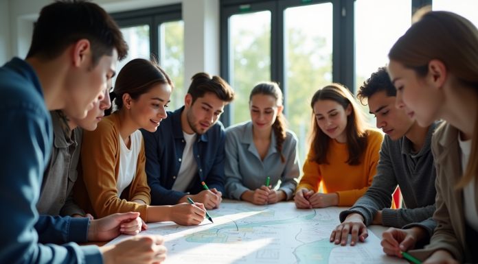 Groupe de jeunes adultes discutant d'orientation professionnelle