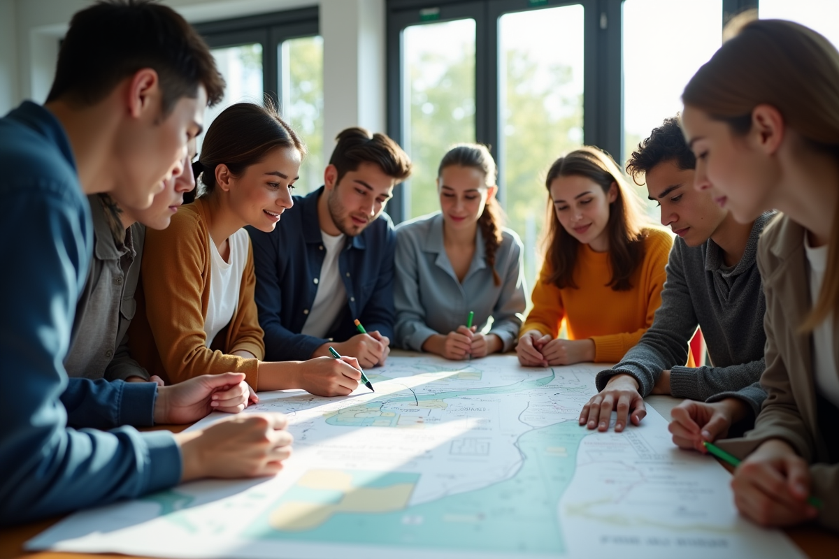 Groupe de jeunes adultes discutant d'orientation professionnelle