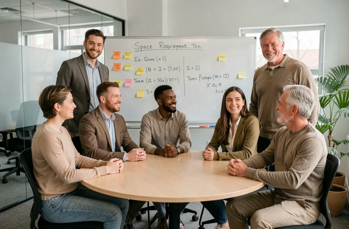 Groupe de collègues réunis dans une salle de coworking pour planifier le volume d'espace nécessaire