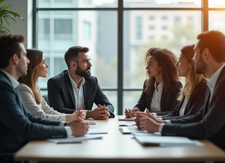Groupe de professionnels en réunion dans un bureau moderne