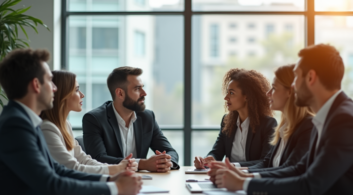 Groupe de professionnels en réunion dans un bureau moderne
