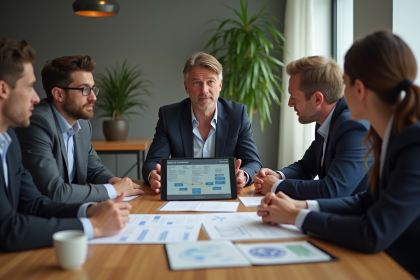 Groupe de professionnels en réunion autour d'une tablette