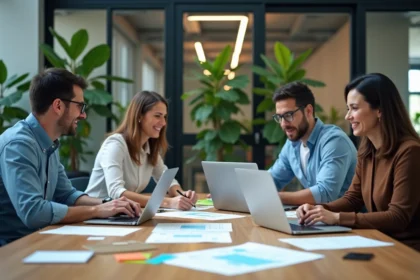 Équipe de consultants IT du Groupe SYD en réunion collaborative autour d'une table de conférence avec wireframes et ordinateurs portables, illustrant une approche humaine du conseil digital