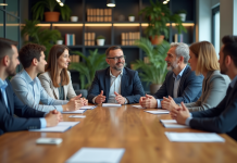 Groupe de professionnels en réunion dans un bureau moderne