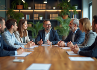 Volets RH de la RSE : comprendre les 4 principaux enjeux Groupe de professionnels en réunion dans un bureau moderne