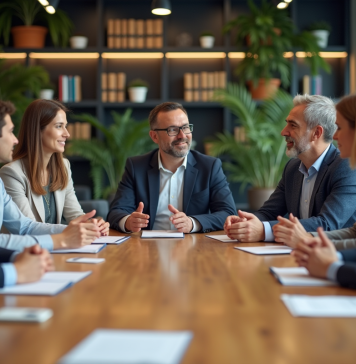 Volets RH de la RSE : comprendre les 4 principaux enjeux Groupe de professionnels en réunion dans un bureau moderne