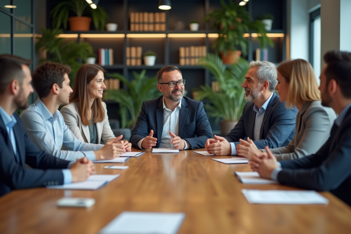 groupe-travail-collaboratif-bureau Groupe de professionnels en réunion dans un bureau moderne