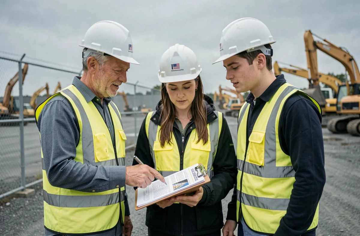 Groupe d'intérimaires et de nouveaux employés sur un chantier consultant les informations sur les avantages du CE Loxam