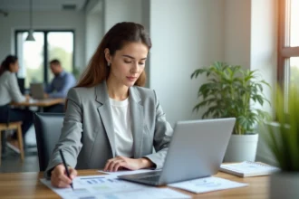 Professionnelle analysant les tarifs des outils IA sur un tableau de bord numérique dans un bureau moderne