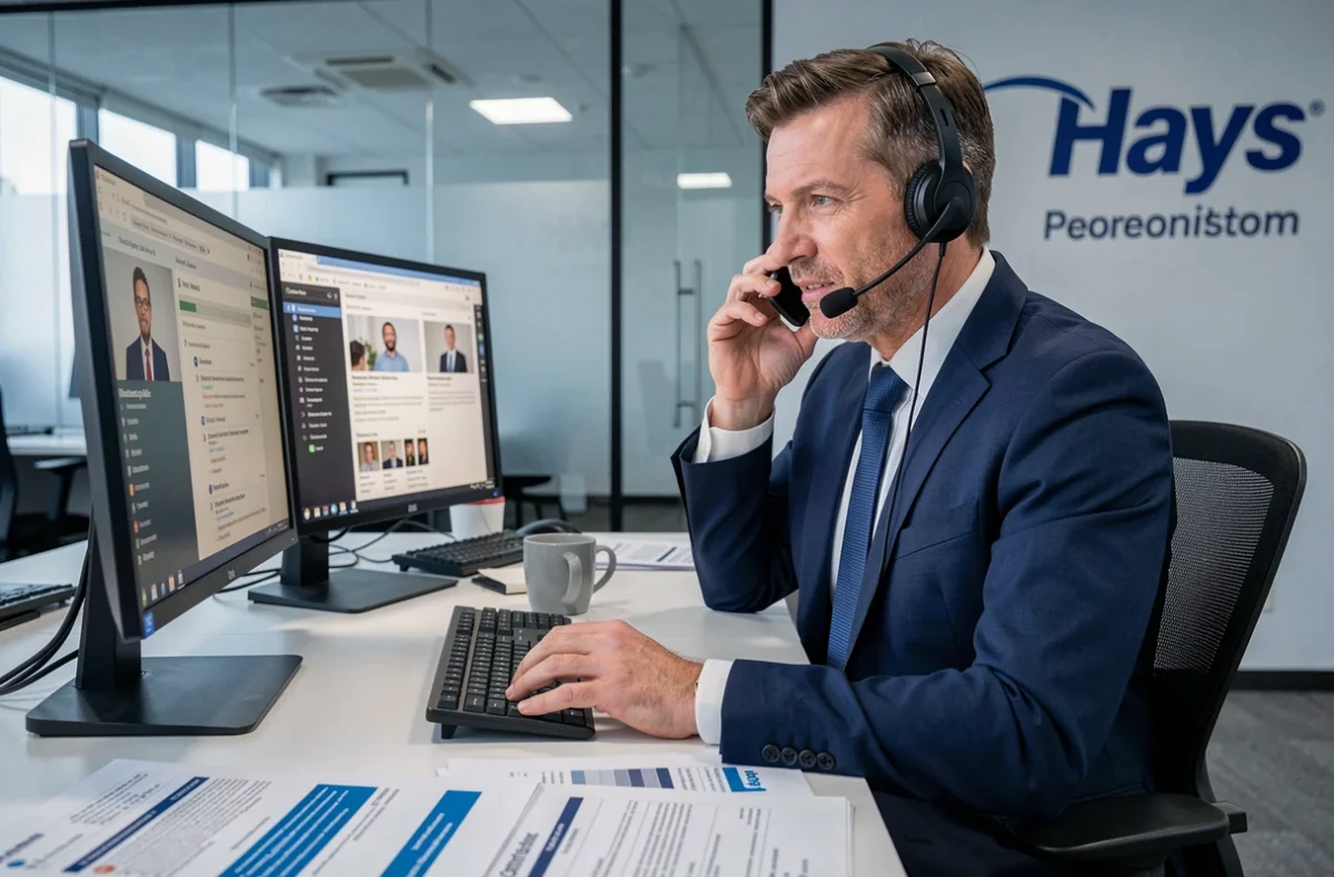 Consultant Hays en pleine activité de sourcing de candidats dans un bureau moderne