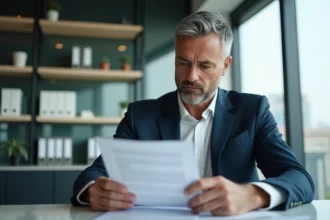 Homme d'affaires lisant un contrat dans un bureau moderne