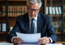 Homme d'affaires en costume bleu examinant des documents officiels