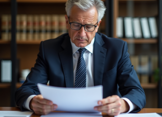 Entreprises en liquidation judiciaire : comment les identifier ? Homme d'affaires en costume bleu examinant des documents officiels