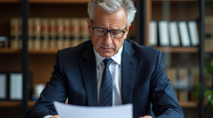 Homme d'affaires en costume bleu examinant des documents officiels