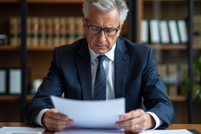 Homme d'affaires en costume bleu examinant des documents officiels