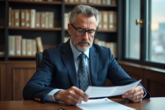 Homme d'affaires en costume navy examine un dossier officiel