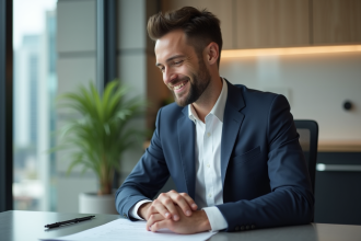 Homme d'affaires confiant en costume navy dans un bureau moderne