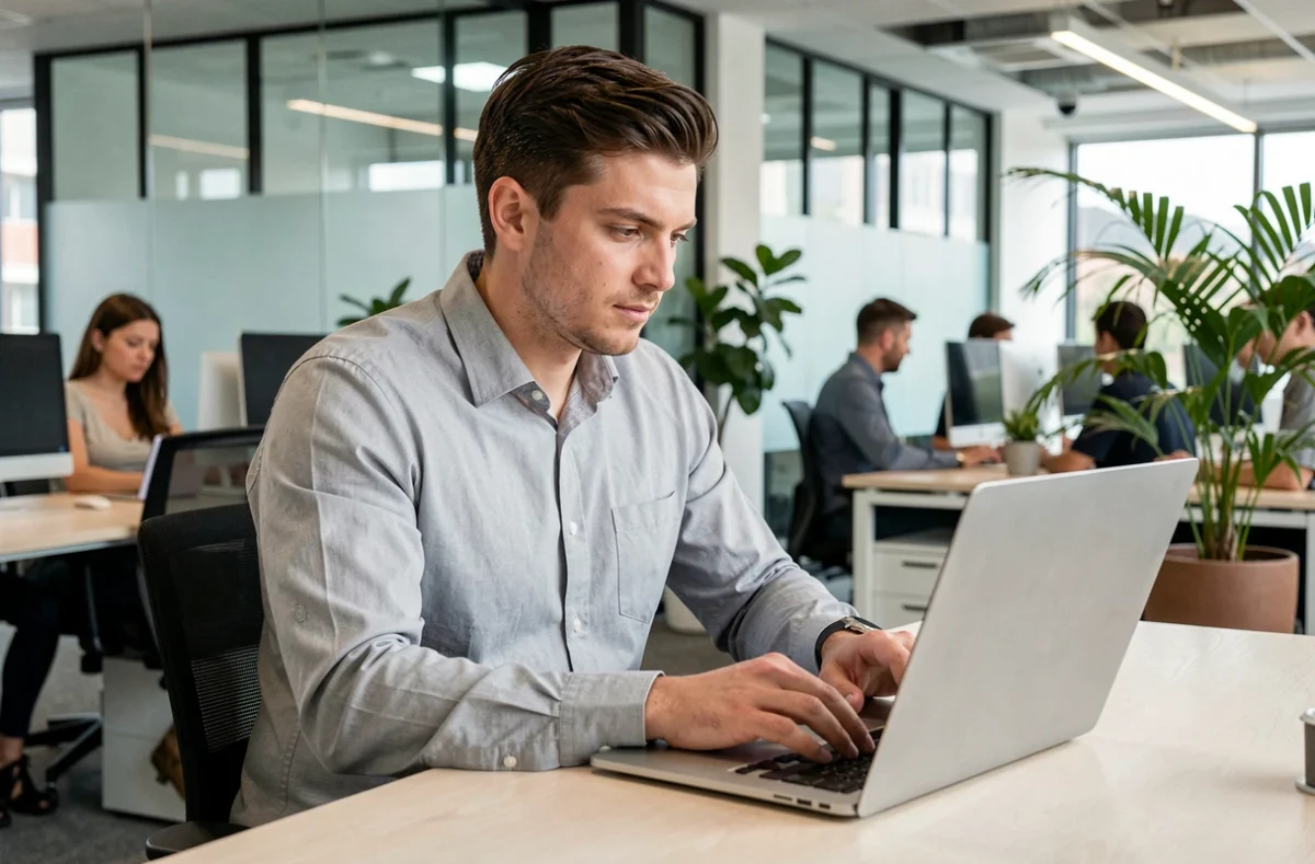Homme en bureau moderne rédigeant un email de remerciement suite à l'envoi d'une lettre de motivation