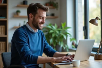 Homme en sweater bleu utilisant un ordinateur dans un bureau moderne