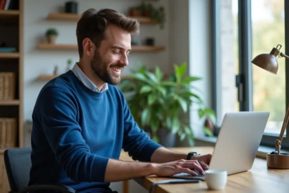 Homme en sweater bleu utilisant un ordinateur dans un bureau moderne