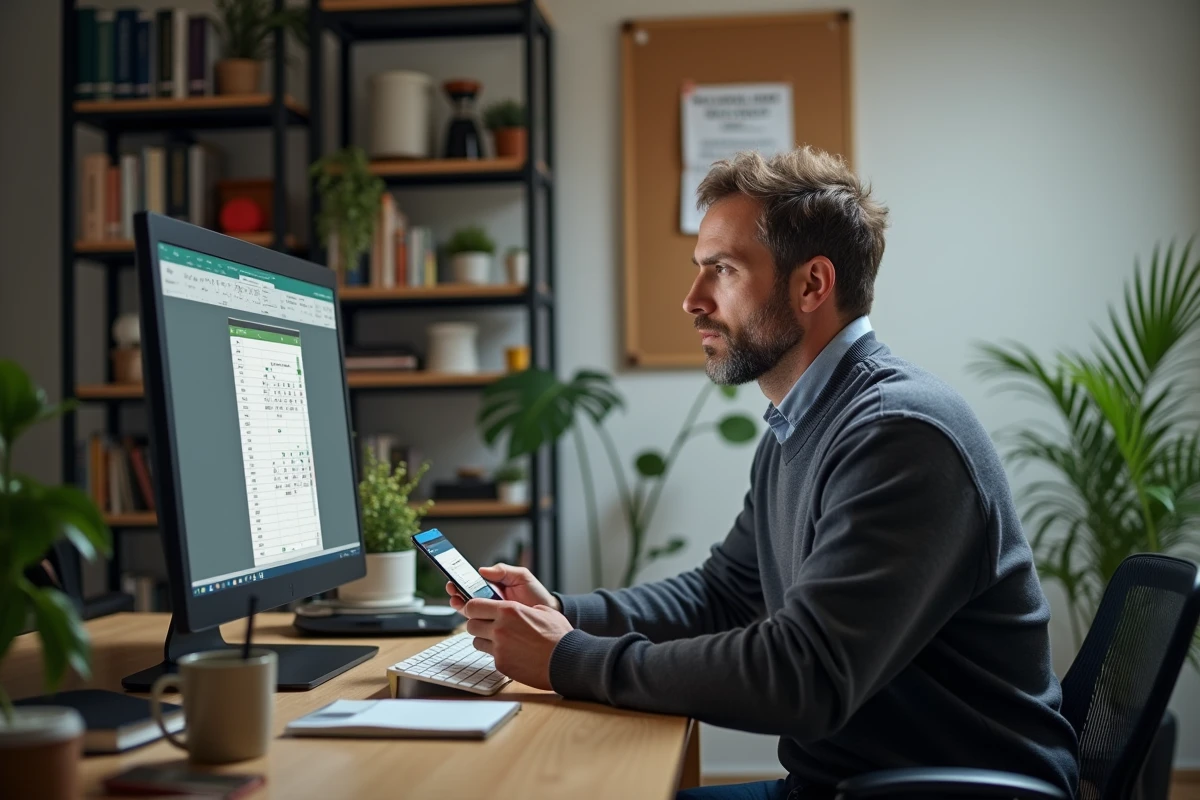 Homme au bureau utilisant calendrier numérique