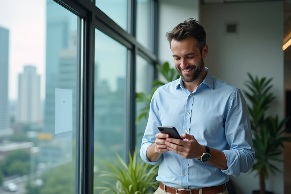 Homme d affaires souriant utilisant son smartphone près d une fenêtre urbaine