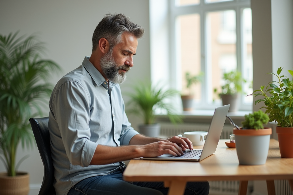 Homme d age moyen fait ses courses en ligne depuis son bureau