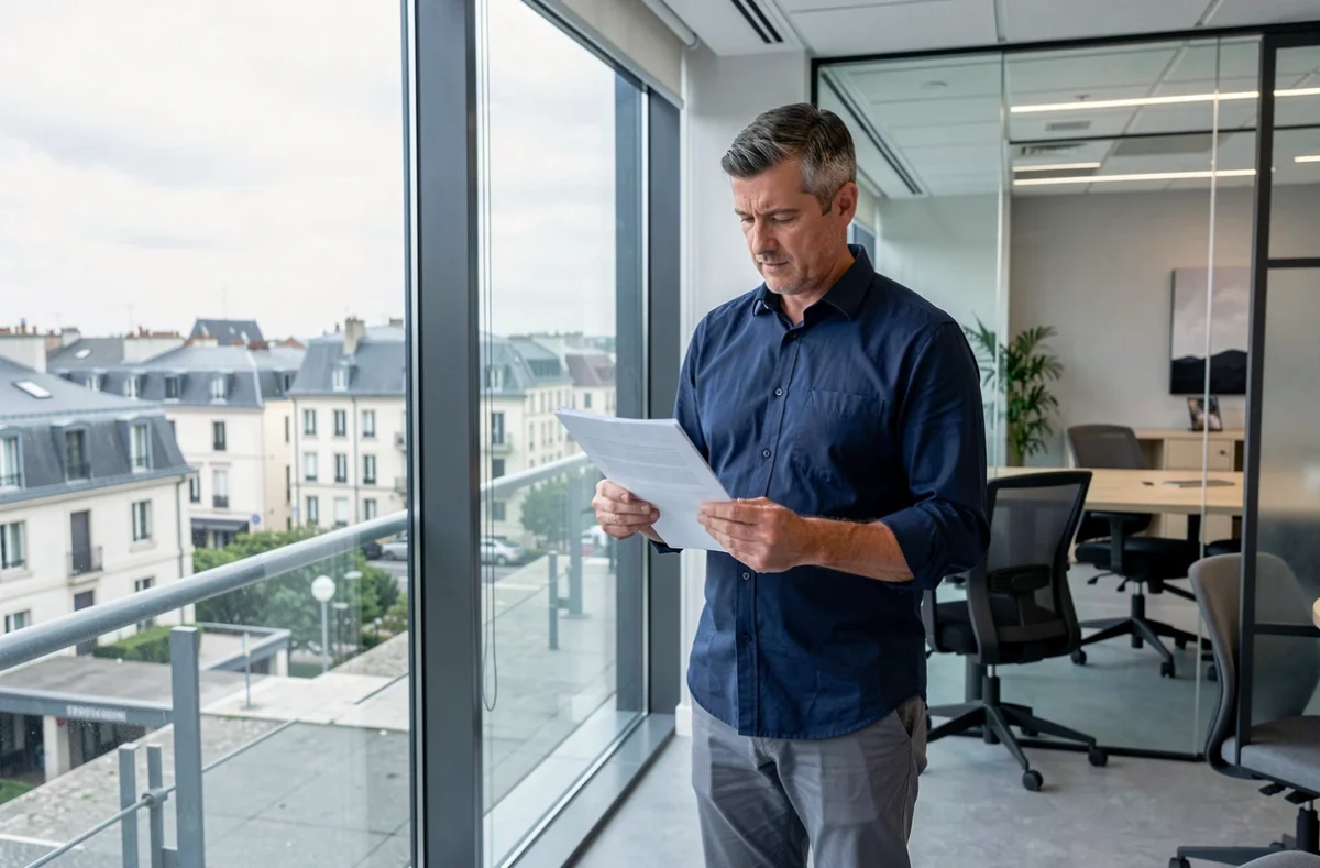 Homme professionnel dans un espace de coworking haut de gamme à Caen avec vue sur la ville