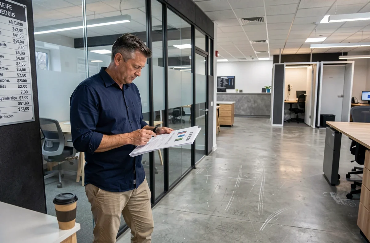 Homme consultant des documents dans un espace de coworking à Rennes avec tableau des tarifs affiché au mur
