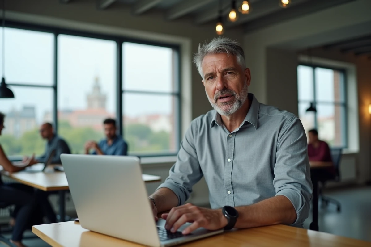 Homme en visioconférence dans un espace de coworking pour un poste commercial B2B en région