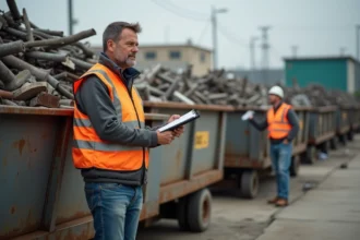 Homme en gilet haute visibilité près d'une benne à ferraille