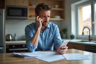 Homme pensif avec documents dans une cuisine moderne