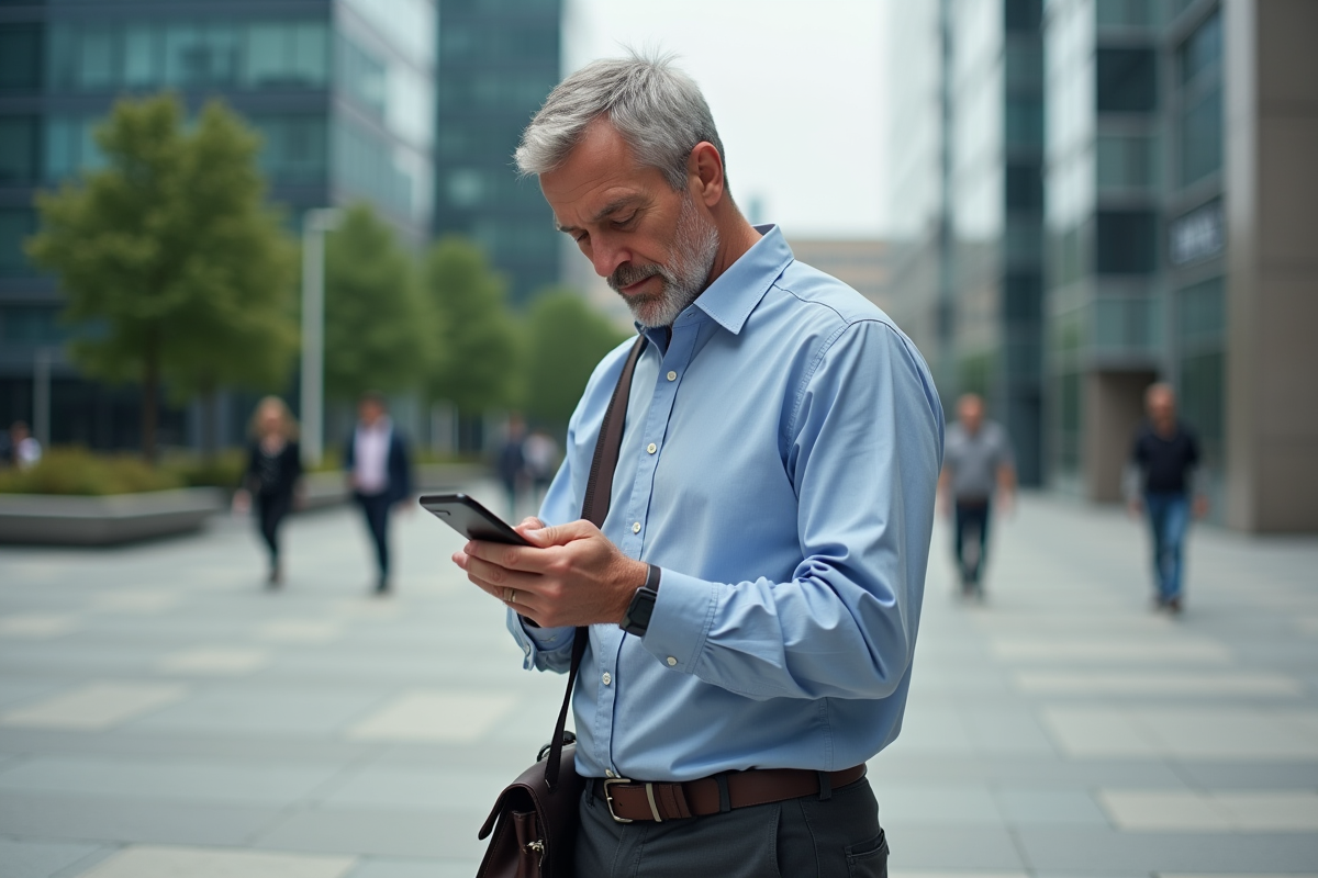 Homme lisant privacy sur smartphone en extérieur