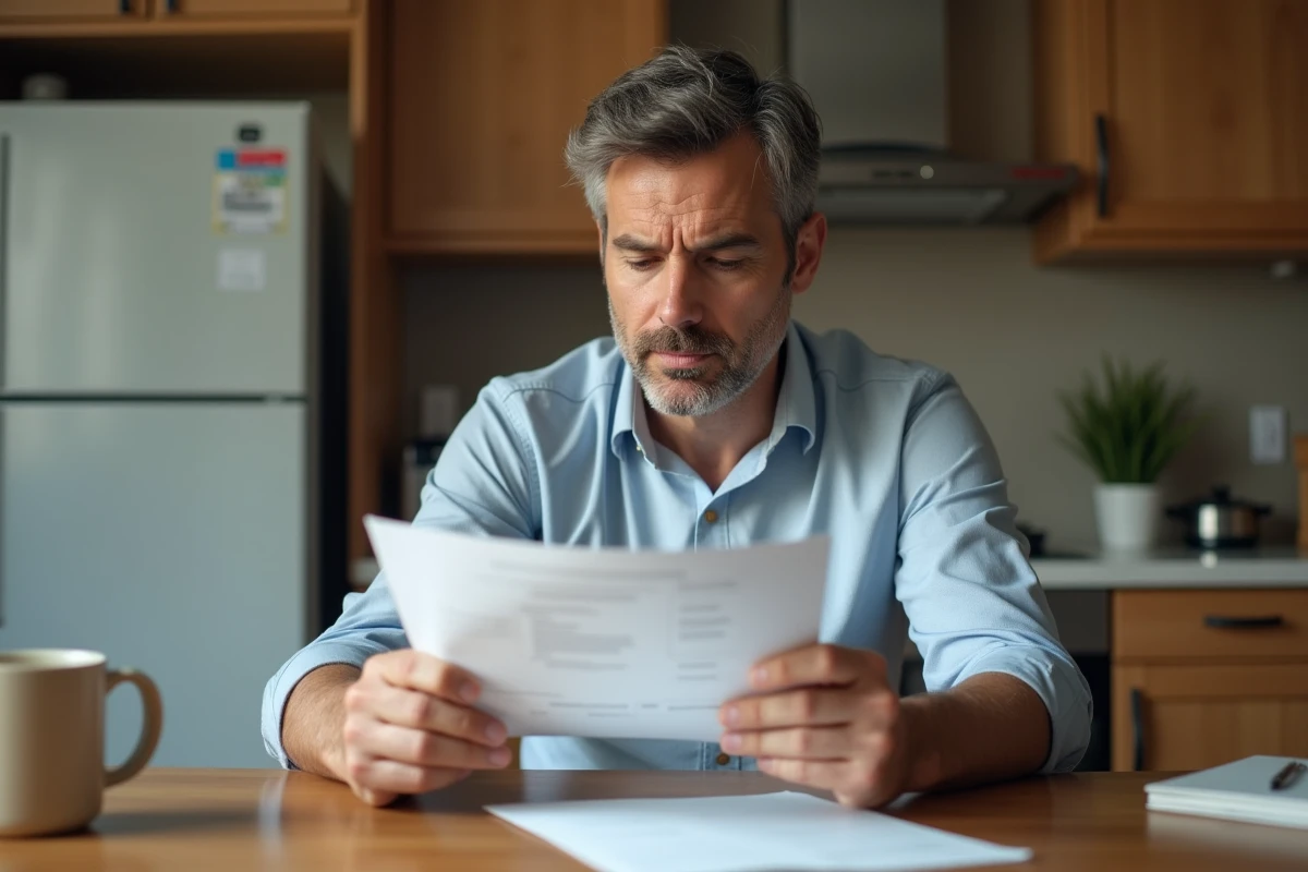 Homme d age lit une brochure dans sa cuisine