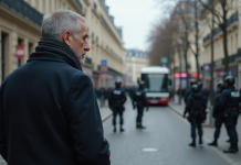 Homme français regardant un contrôle militaire dans Paris