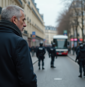 Homme français regardant un contrôle militaire dans Paris