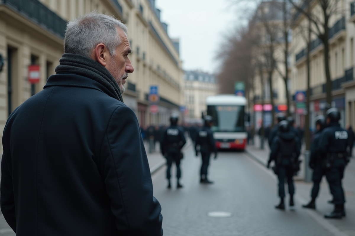 Homme français regardant un contrôle militaire dans Paris