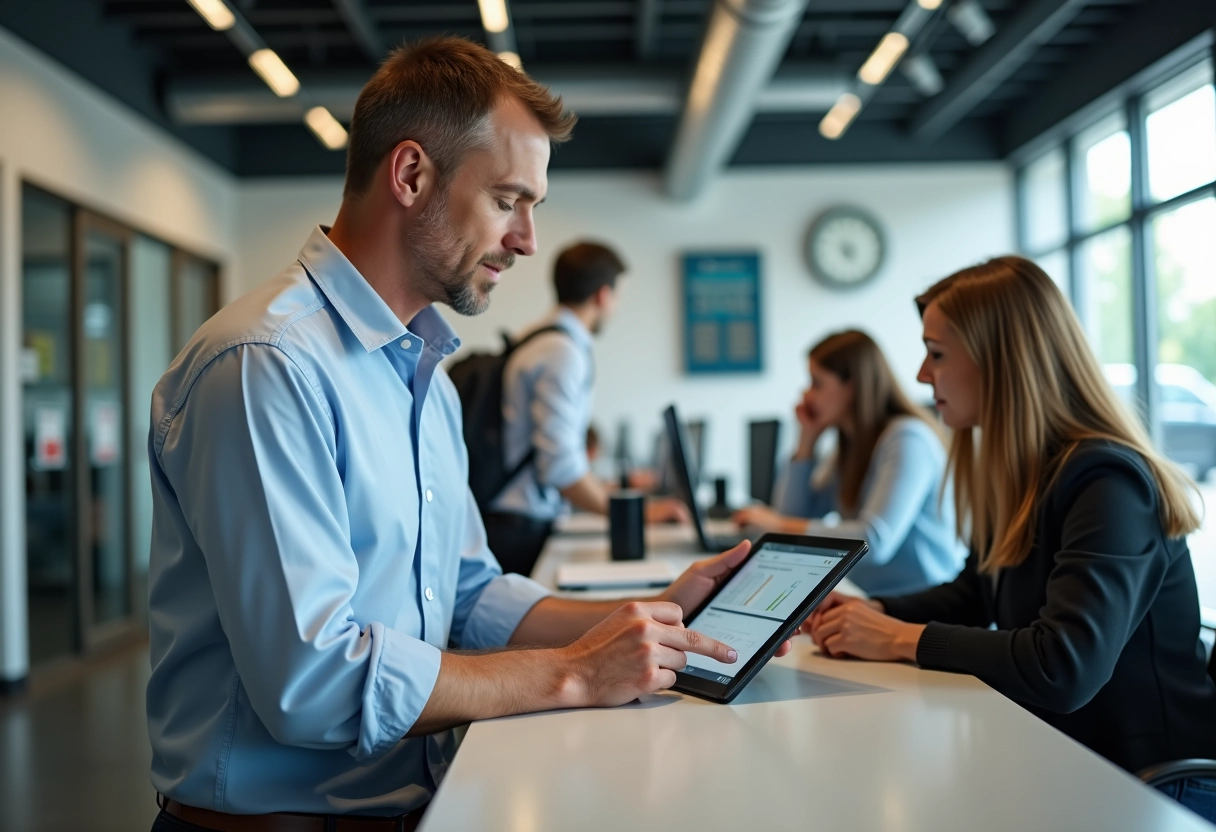 Homme d age moyen consultat un tablet dans une auto ecole animée