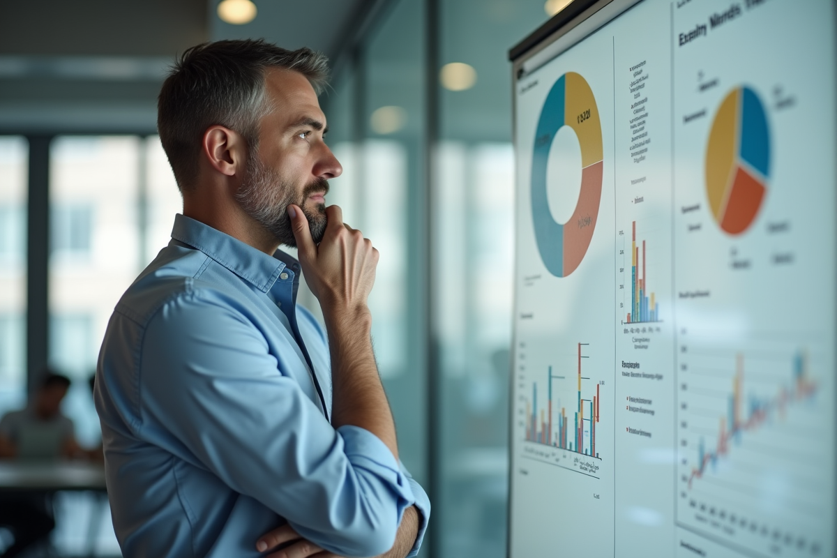 Homme en réunion avec tableau blanc et notes