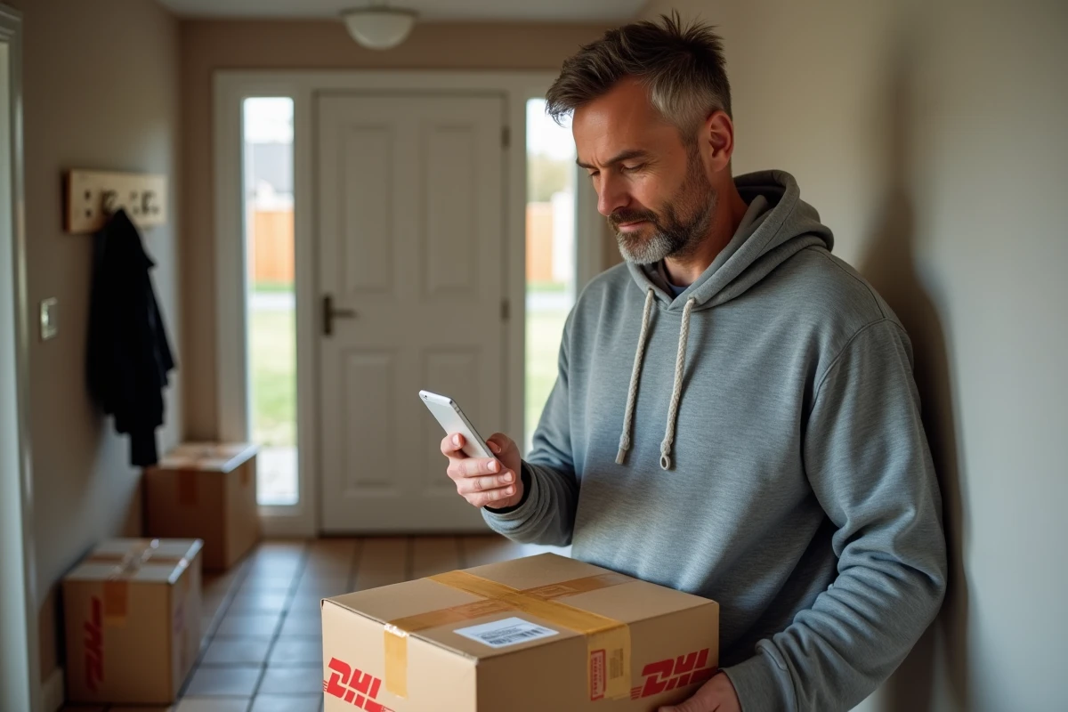 Homme scannant un colis DHL avec son smartphone à la porte d'entrée de sa maison
